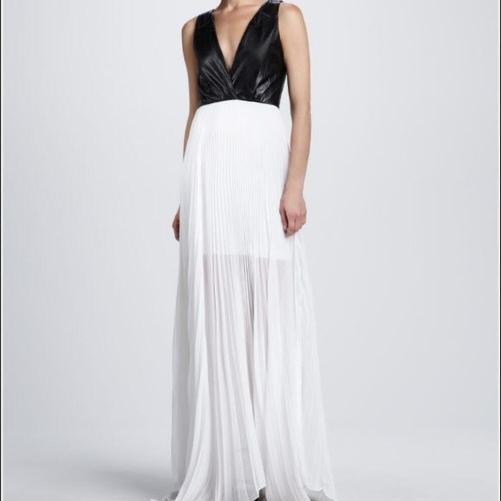 ALICE+OLIVIA Black Leather V-Neck Bodice and White Sheer Pleated Chiffon Maxi 4